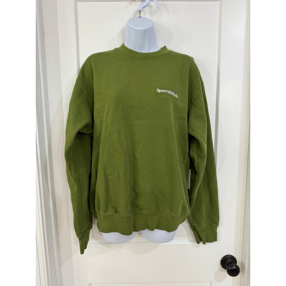 Sporty Rich Crewneck Sweatshirt Olive Green Small Logo‎ Athleisure Made in USA